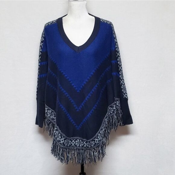 FANTASTIC Fawn Blue Black Bohemian Gray Fringe Aztec Print Wool Sweater Poncho - Picture 2 of 11